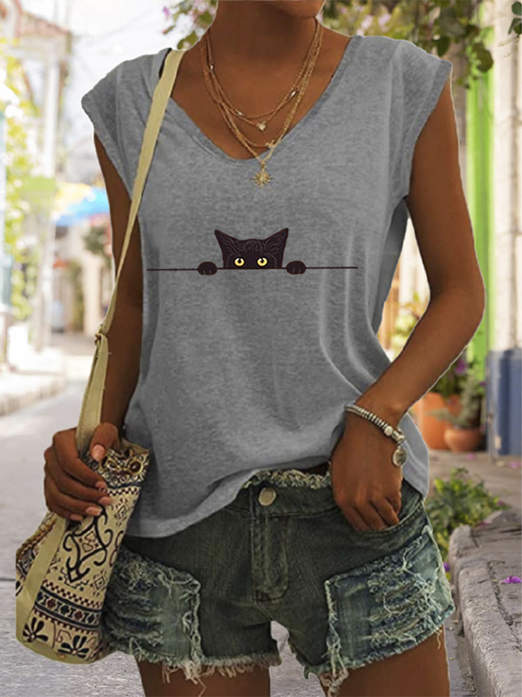 Women's Casual Black Cat Print V-neck Vest - Grey - 5XL - image 4