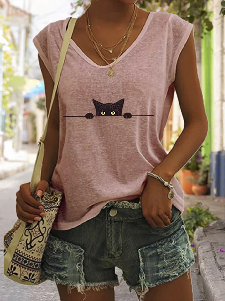 Women's Casual Black Cat Print V-neck Vest - Pink - 5XL - image 3