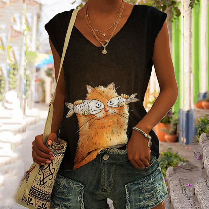 Women's Casual Cute Cat Print V-neck Vest - Black - 5XL - image 1