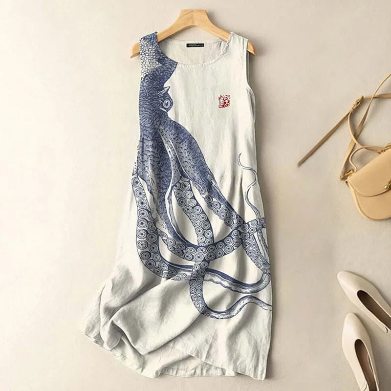 Vintage Japanese Art Octopus Print Sleeveless Midi Dress - Beige - 5XL - image 1