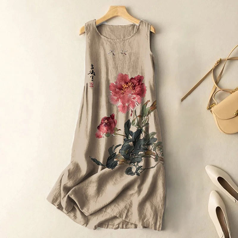 Vintage Japanese Ink Flower Calligraphy Art Print Sleeveless Midi Dress - Khaki - 5XL - image 1