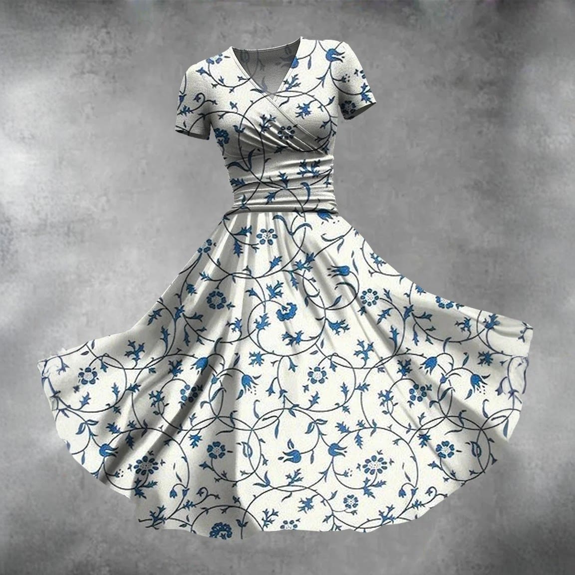 Women's Retro Simple Floral Print Midi Dress - Blue - 5XL - image 1