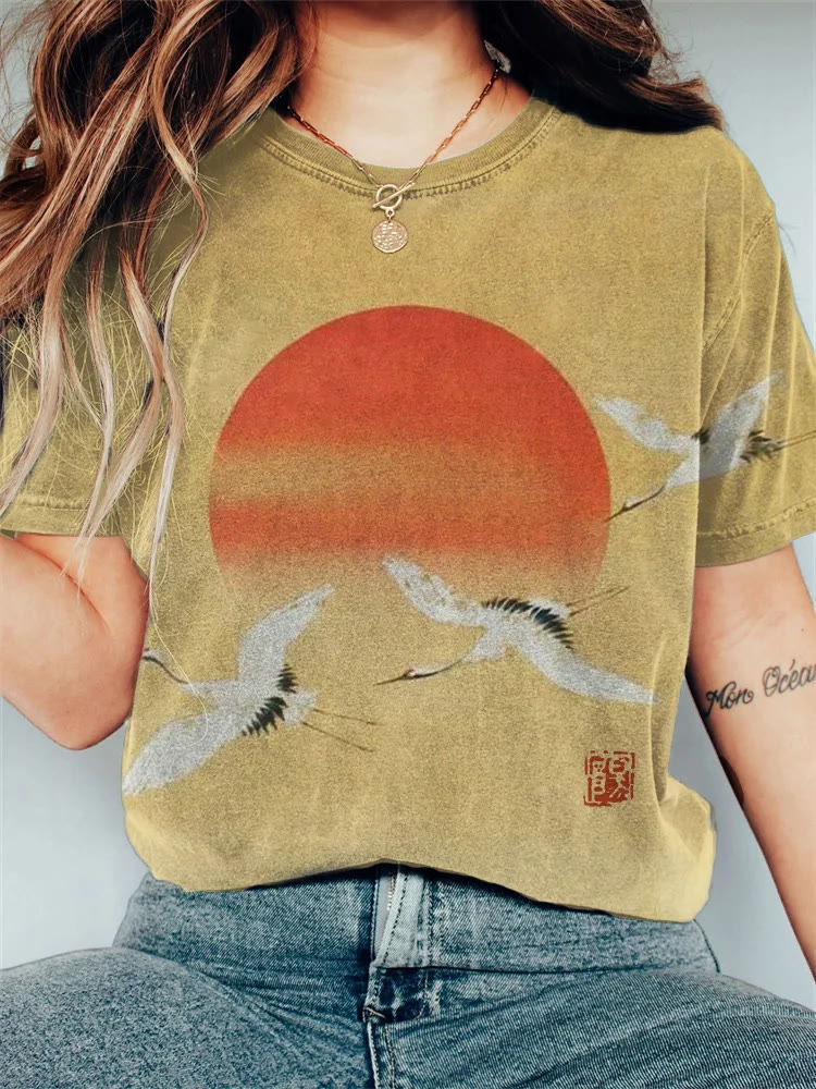 Flying Cranes Sunrise Japanese Art Crew Neck T-shirt - Yellow - 8XL - image 1