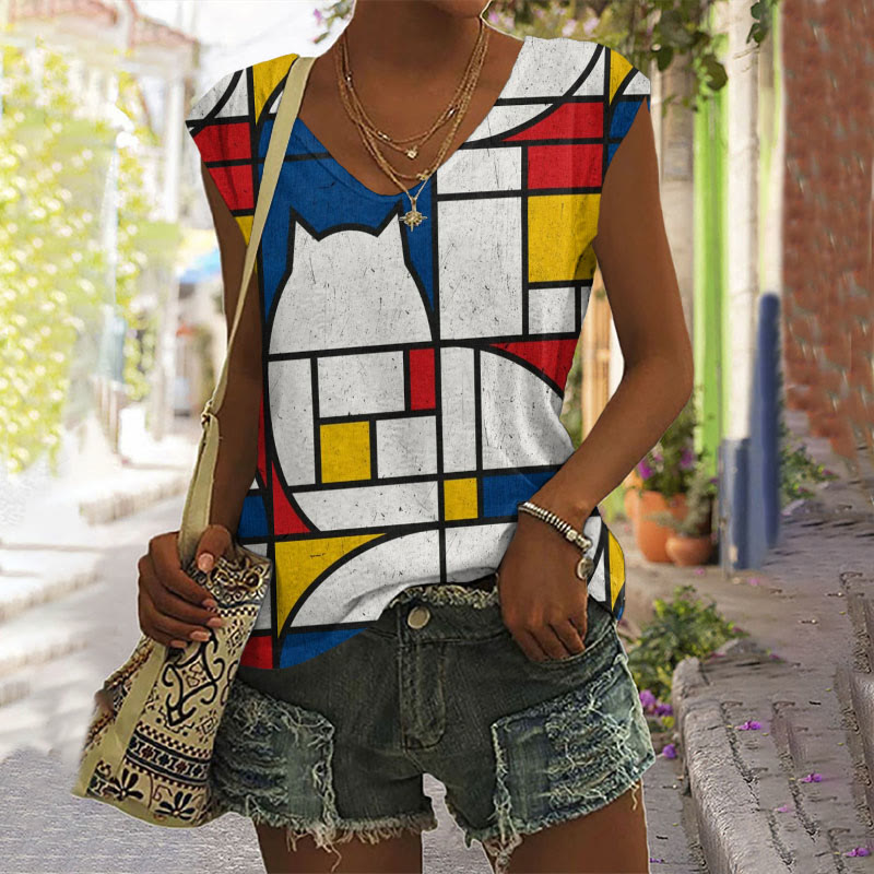 Colorblock Geometric Abstract Cat Art Print Casual Tank Top - White - 5XL - image 1