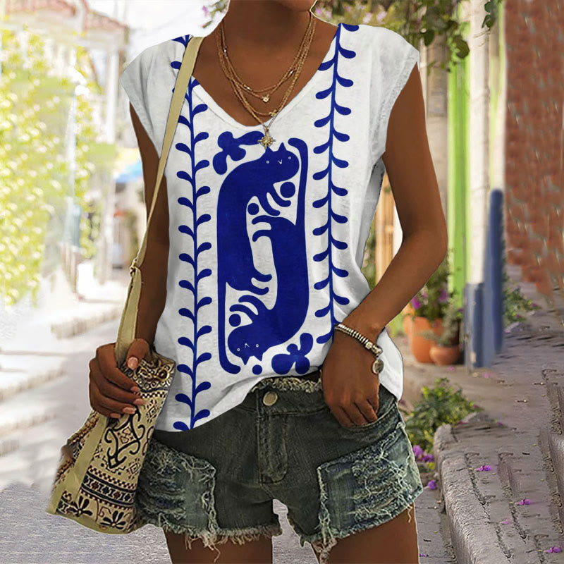 Abstract Creative Cute Cat Print Casual V-neck Tank Top - White - 5XL - image 1