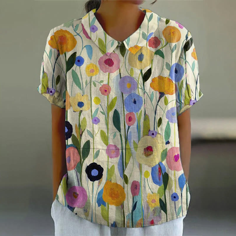 Oil Painting Spring Field Art Printed Women's Casual BLOUSE - Yellow - 6XL - image 1