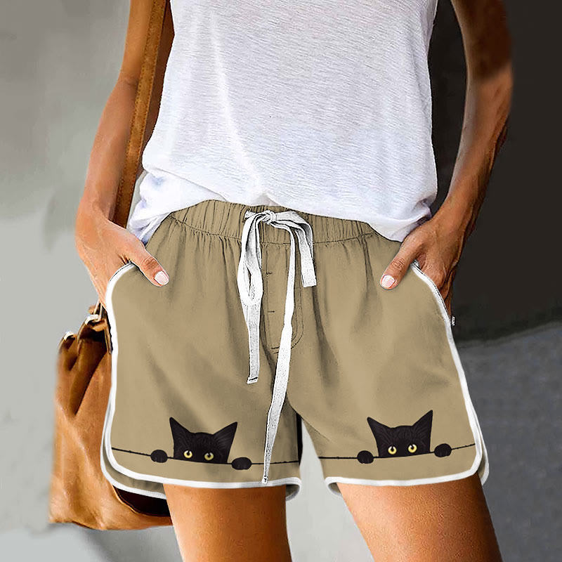 Casual Black Cat Print Drawstring Pocket Shorts - Apricot - 5XL - image 2