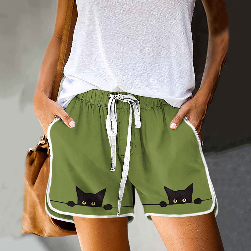 Casual Black Cat Print Drawstring Pocket Shorts - Green - 5XL - image 1