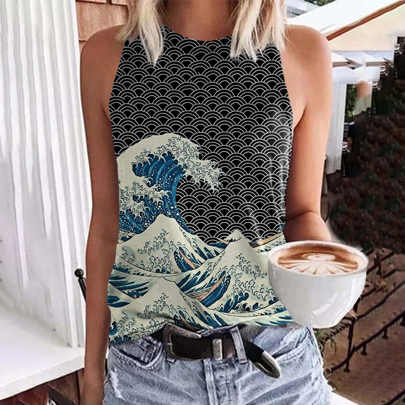 The Great Wave Off Kanagawa Inspired Japanese Art Print Tank Top - Black - 5XL - image 1