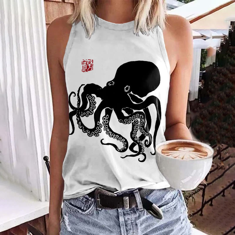 Octopus Japanese Lino Art Print Tank Top - Black - 5XL - image 1