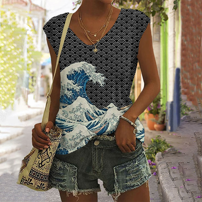 The Great Wave Off Kanagawa Inspired Japanese Art Print V-neck Tank Top - Black - 5XL - image 2