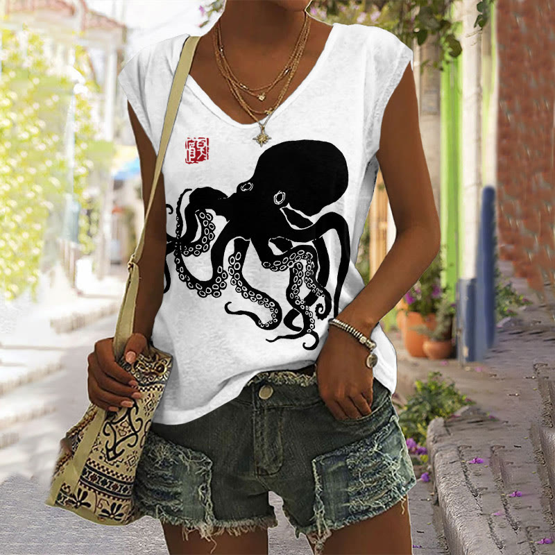 Octopus Japanese Lino Art Print V-neck Tank Top - Black - 5XL - image 2