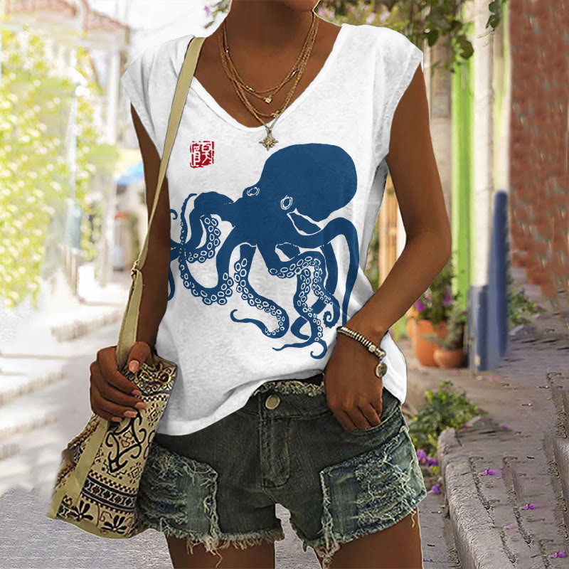 Octopus Japanese Lino Art Print V-neck Tank Top - Blue - 5XL - image 1