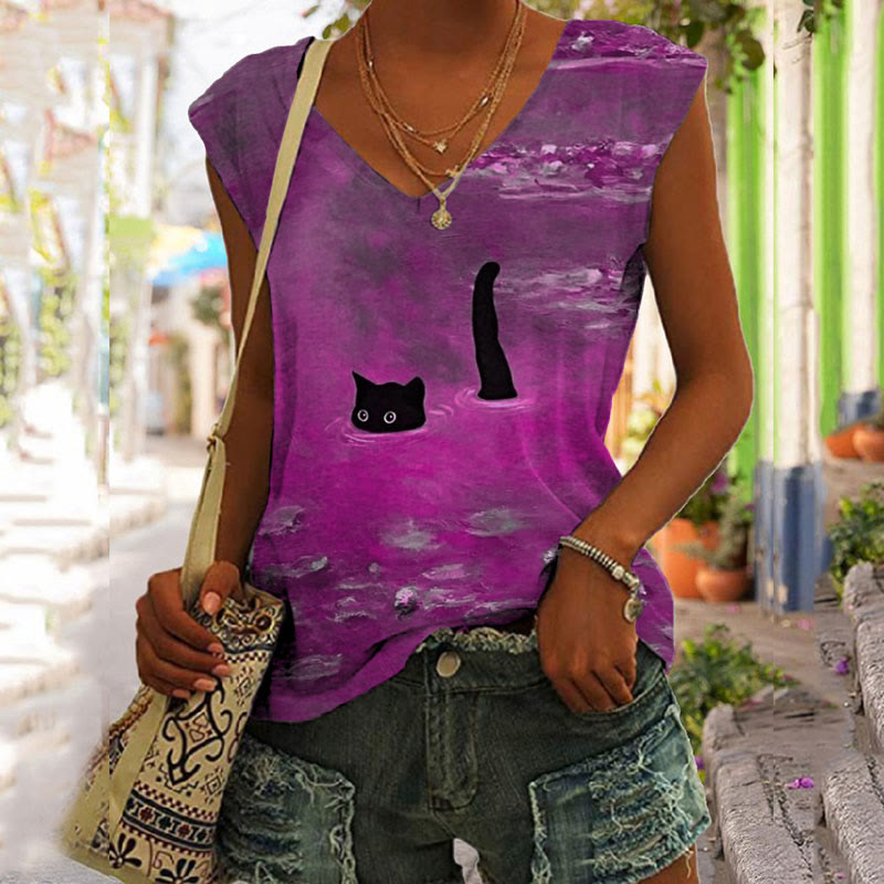 Women's Oil Painting Cat Print V-neck Tank Top - Purple - 5XL - image 2