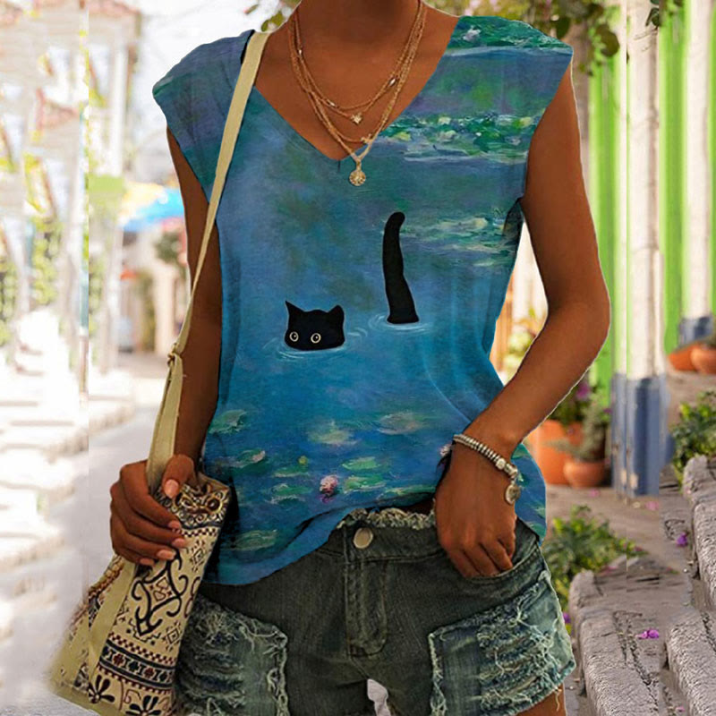 Women's Oil Painting Cat Print V-neck Tank Top - Blue - 5XL - image 1