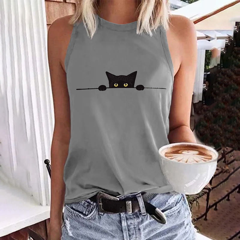 Women's Casual Black Cat Print Tank Top - Grey - 5XL - image 2