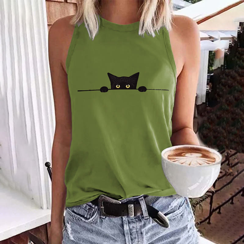 Women's Casual Black Cat Print Tank Top - Green - 5XL - image 1