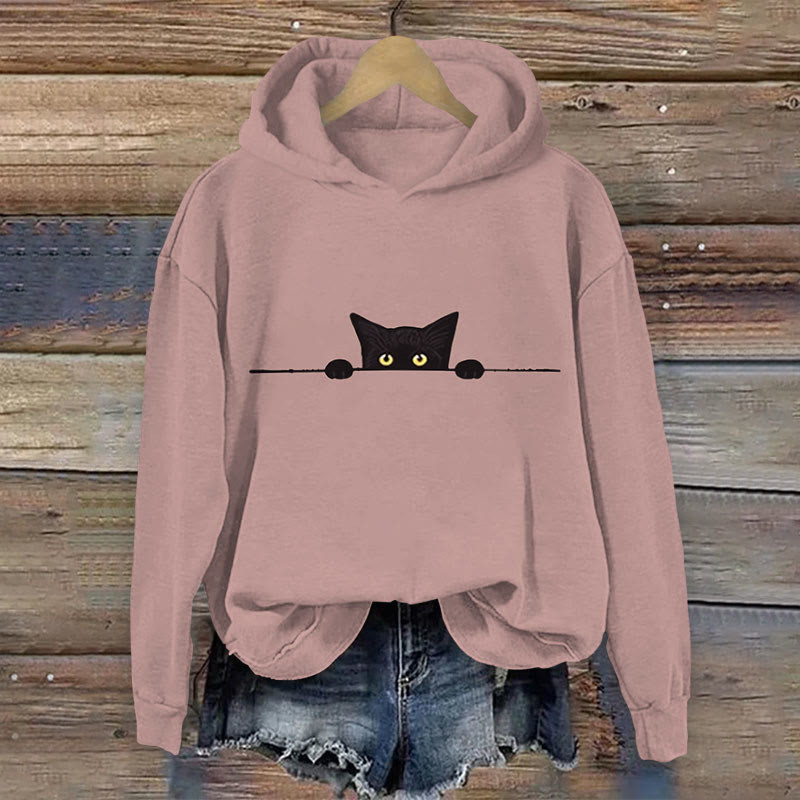 Dashingsoul Women's Casual Black Cat Print Hoodie