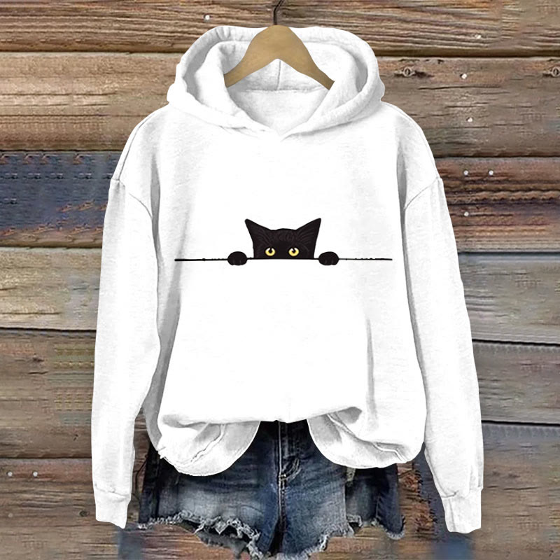 Dashingsoul Women's Casual Black Cat Print Hoodie