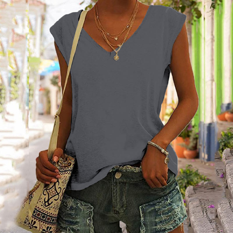 Solid Color Vintage V-neck Casual Tank Top - Dark Grey - 5XL - image 2