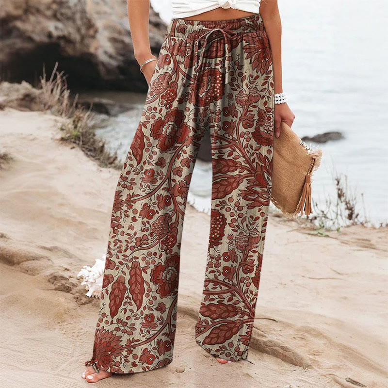Women's Vintage Floral Art Printed Wide-leg Casual Pants - Red - 6XL - image 2