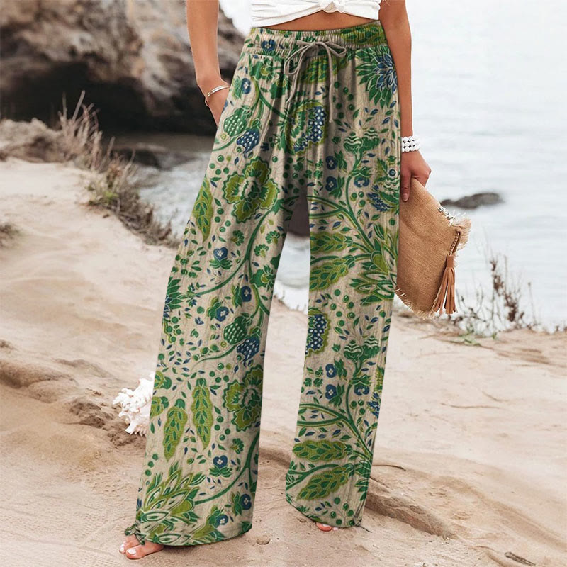 Women's Vintage Floral Art Printed Wide-leg Casual Pants - Green - 6XL - image 1