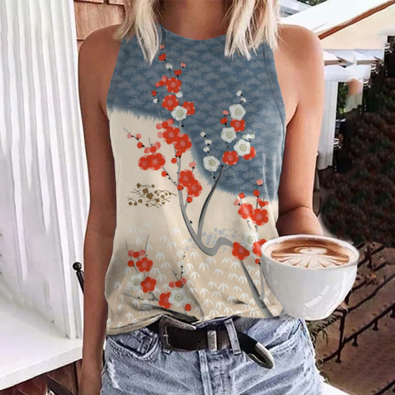 Japanese Art Cherry Blossom Print Tank Top - Blue - 5XL - image 1