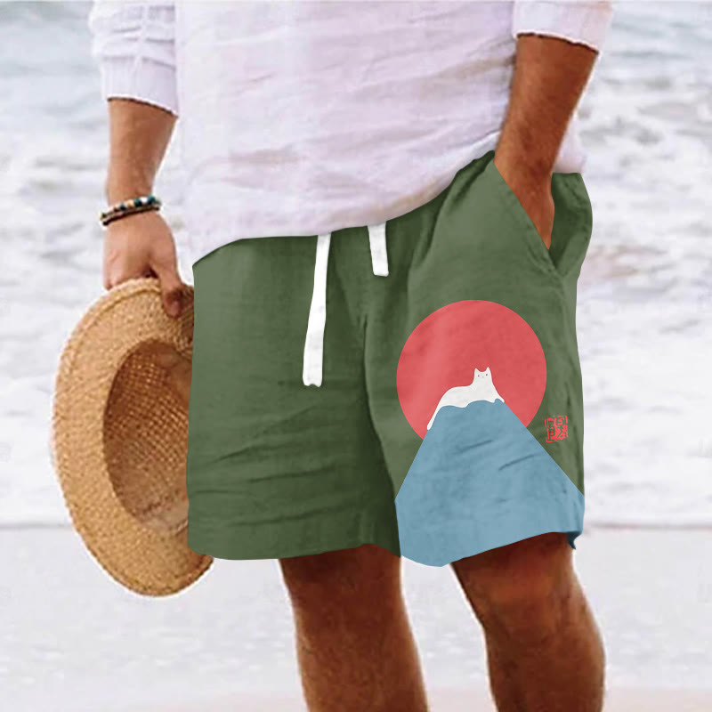 Men's White Cat Snow On Mount Fuji Japanese Art Print Casual Drawstring Beach Shorts - Green - 5XL - image 2