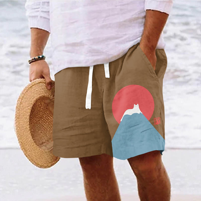 Men's White Cat Snow On Mount Fuji Japanese Art Print Casual Drawstring Beach Shorts - Khaki - 5XL - image 5