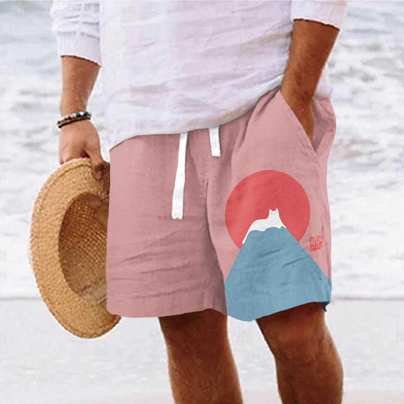 Men's White Cat Snow On Mount Fuji Japanese Art Print Casual Drawstring Beach Shorts - Pink - 5XL - image 1