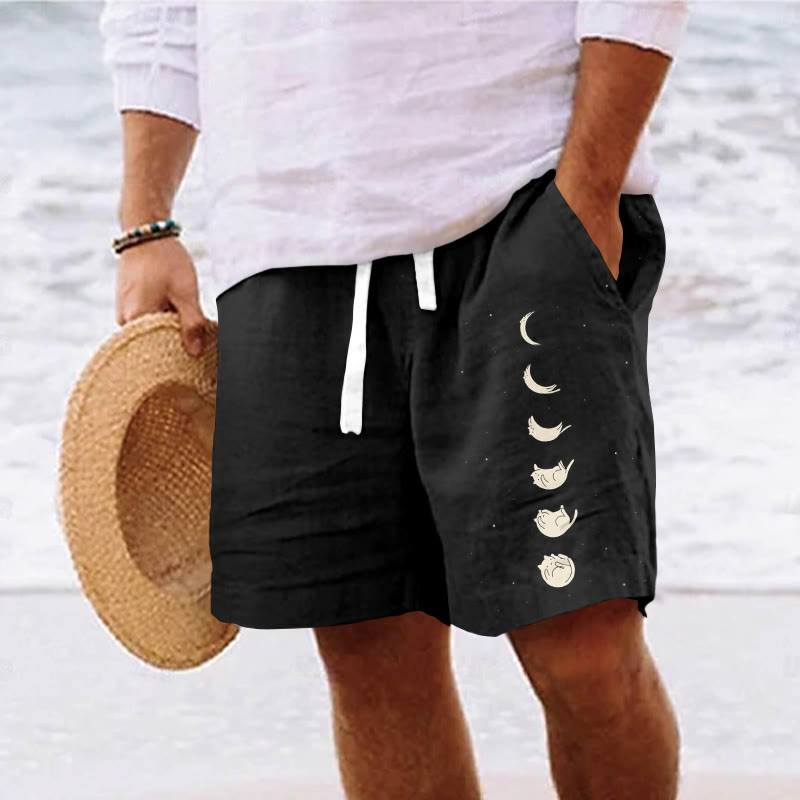 Men's Lunar Eclipse Cat Art Print Casual Drawstring Beach Shorts - Black - 5XL - image 1