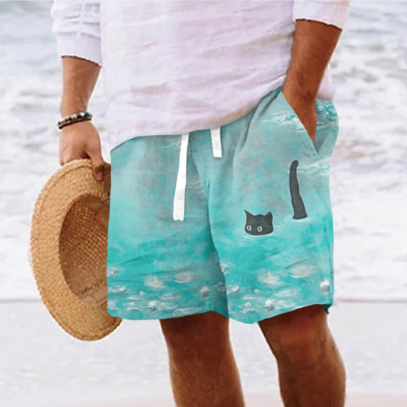 Men's Oil Painting Cat Print Casual Drawstring Beach Shorts - Light Blue - 5XL - image 2