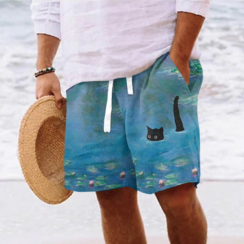 Men's Oil Painting Cat Print Casual Drawstring Beach Shorts - Dark Blue - 5XL - image 1