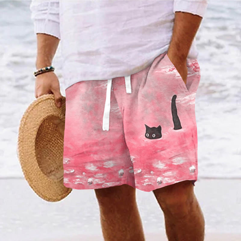 Men's Oil Painting Cat Print Casual Drawstring Beach Shorts - Pink - 5XL - image 5