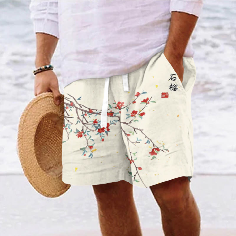 Men's Japanese Art Floral Vintage Casual Drawstring Beach Shorts - Beige - 5XL - image 1
