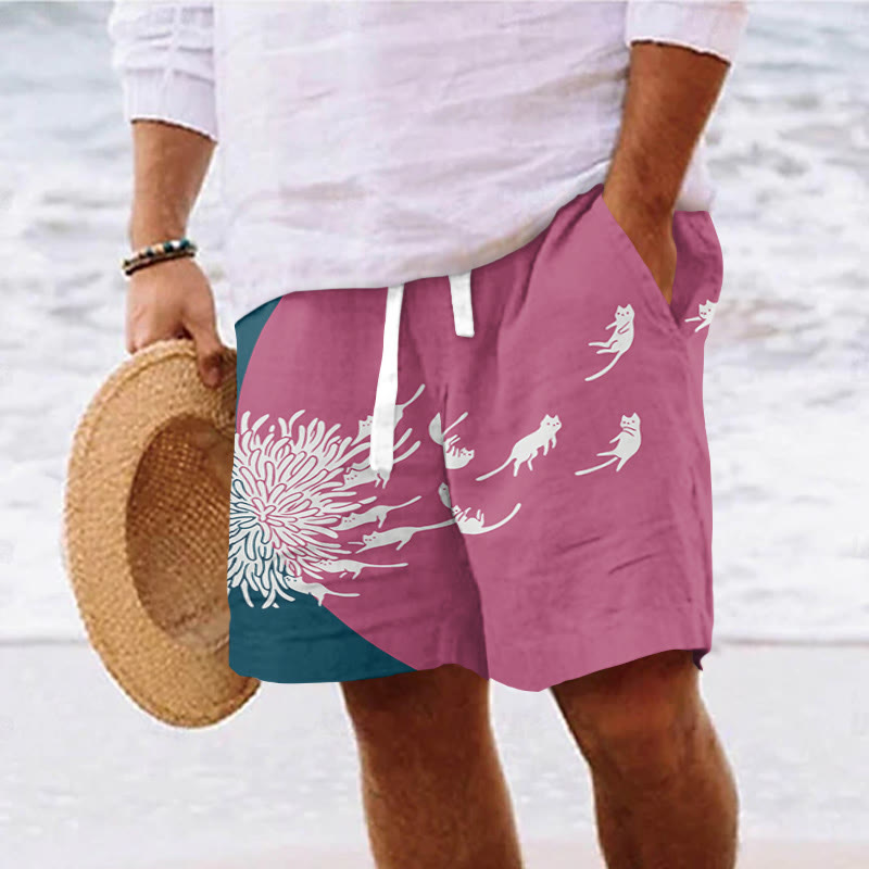 Men's Abstract Creative Dandelion And Cat Painting Art Casual Drawstring Beach Shorts - Rose - 5XL - image 3