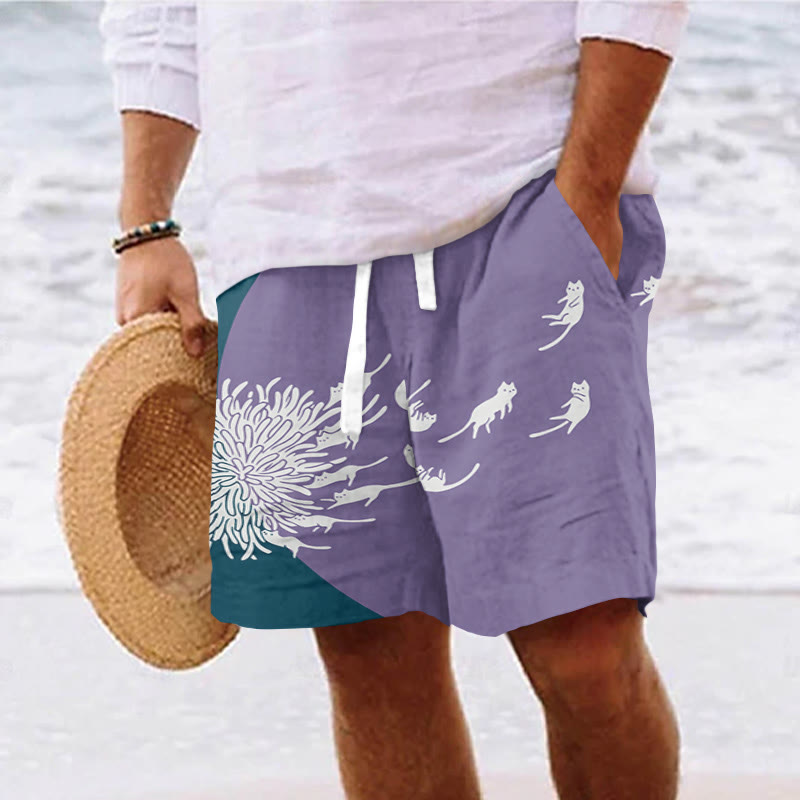 Men's Abstract Creative Dandelion And Cat Painting Art Casual Drawstring Beach Shorts - Purple - 5XL - image 2