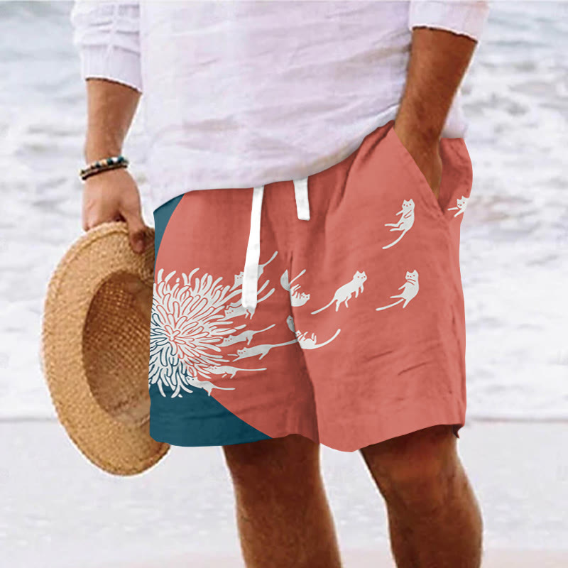 Men's Abstract Creative Dandelion And Cat Painting Art Casual Drawstring Beach Shorts - Red - 5XL - image 1