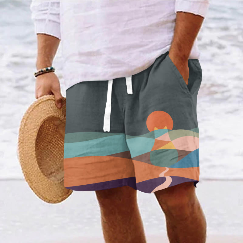 Men's Cat Mountains Landscape Sunrise Japanese Art Vintage Casual Drawstring Beach Shorts - Grey - 5XL - image 1