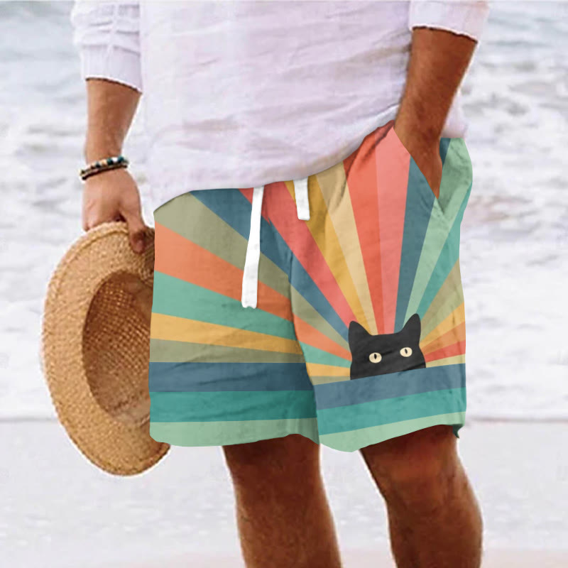Men's Rainbow Cat Print Casual Drawstring Beach Shorts - Multicolor - 5XL - image 1
