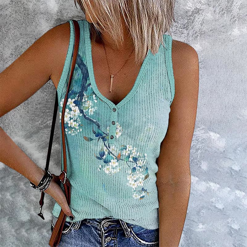 Japanese Antique Pear Blossom Ink Painting Print V-Neck Button Tank Top