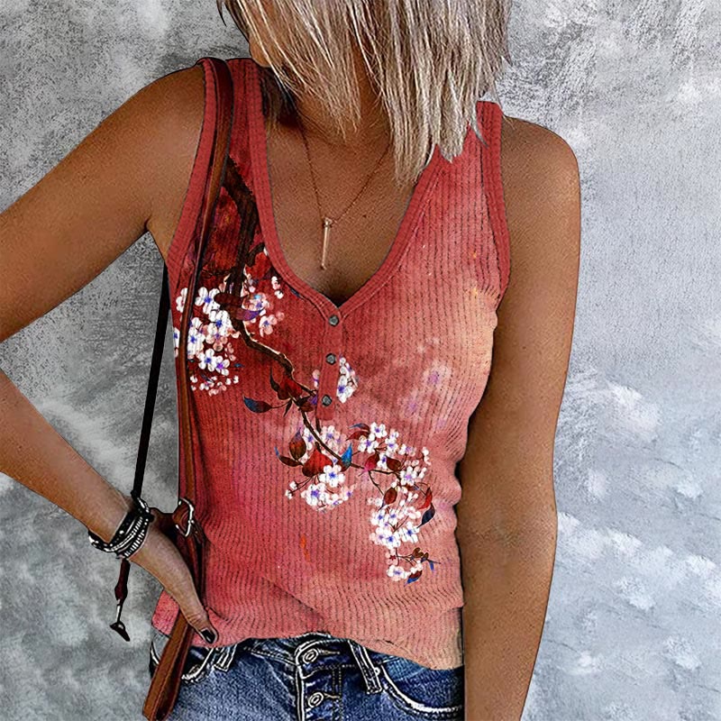 Japanese Antique Pear Blossom Ink Painting Print V-Neck Button Tank Top