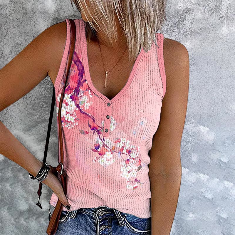 Japanese Antique Pear Blossom Ink Painting Print V-Neck Button Tank Top