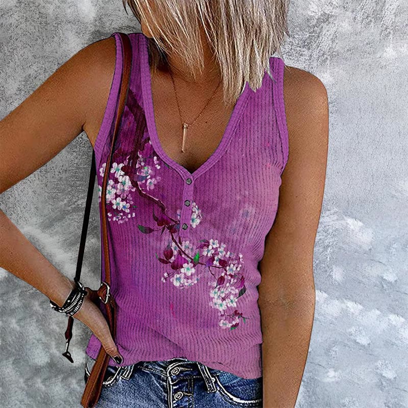 Japanese Antique Pear Blossom Ink Painting Print V-Neck Button Tank Top