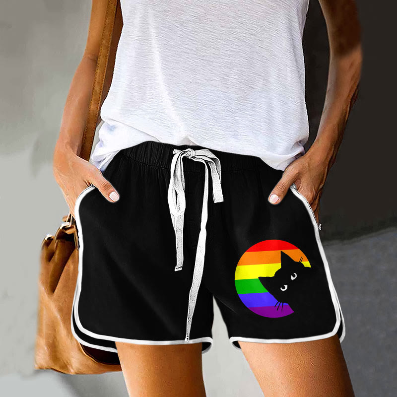 Rainbow Black Cat Drawstring Pocket Shorts - Black - 5XL - image 1