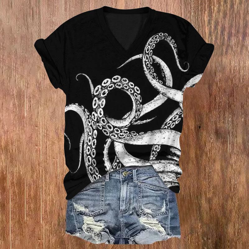 Contrast Octopus Tentacles Print V-neck T-shirt