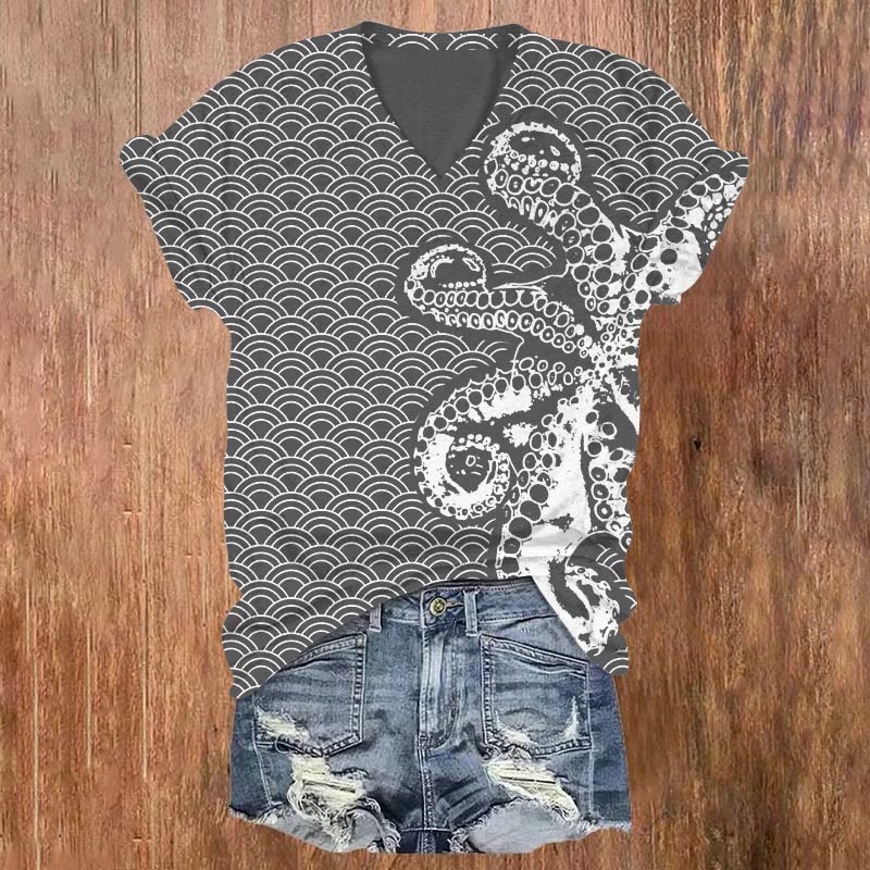 Japanese Style Wave Octopus Asymmetric Print V-neck T-shirt - Dark Grey - 5XL - image 2