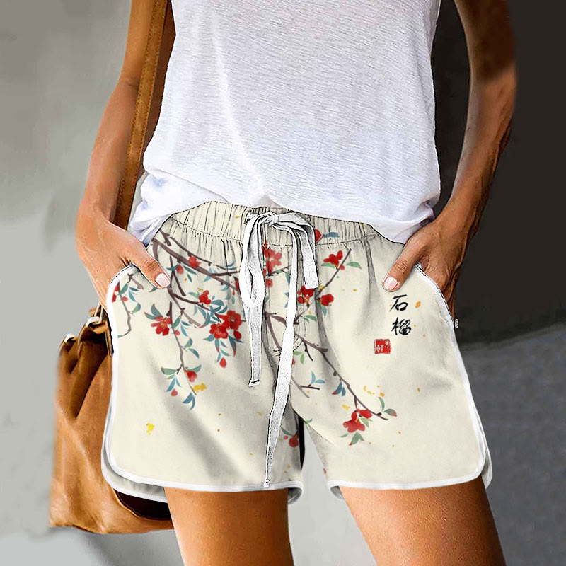 Japanese Women's Sakura Art Ink And Wash Drawstring Pocket shorts - Apricot - 5XL - image 1
