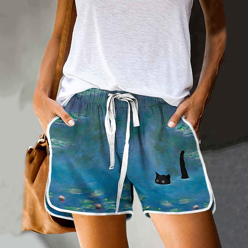 Women's Oil Painting Cat Print Drawstring Pocket Shorts - Dark Blue - 5XL - image 1