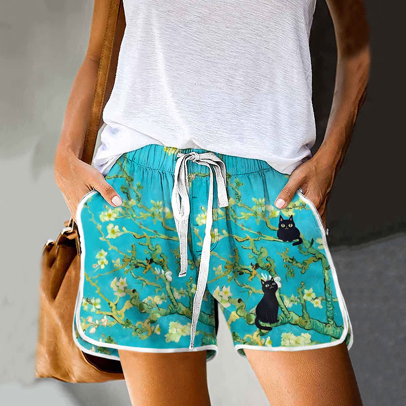 Van Gogh Almond Blossoms Cat Art Print Drawstring Pocket Shorts - Lake Blue - 5XL - image 1